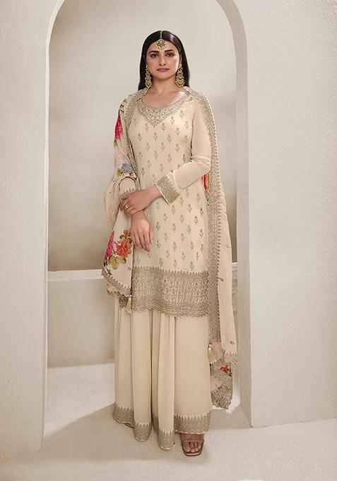 Cream Embroidered Silk Kurta Set