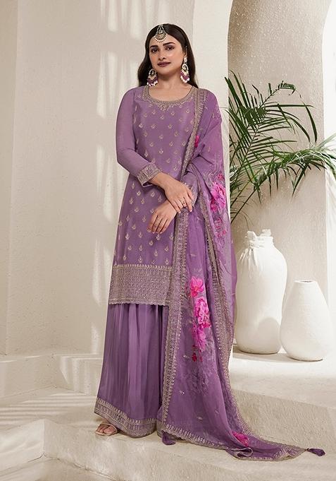 Lavender Embroidered Silk Kurta Set