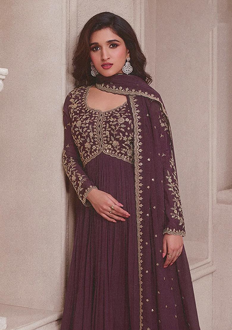 Chocolate Embroidered Silk Anarkali Kurta Set