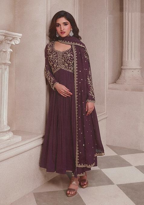 Chocolate Embroidered Silk Anarkali Kurta Set