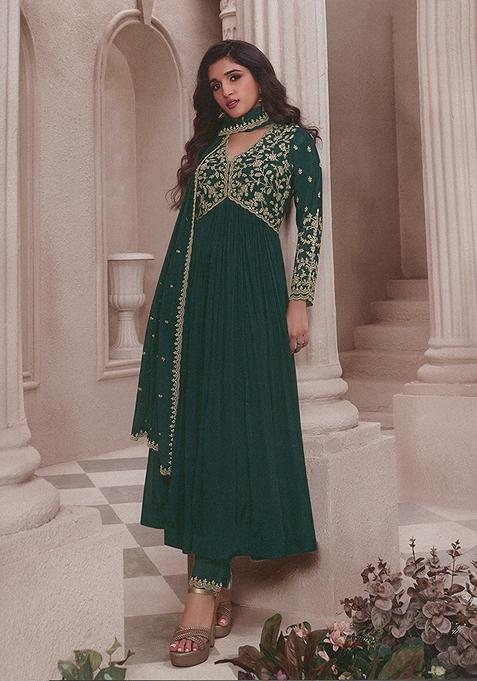 Dark Green Embroidered Silk Anarkali Kurta Set