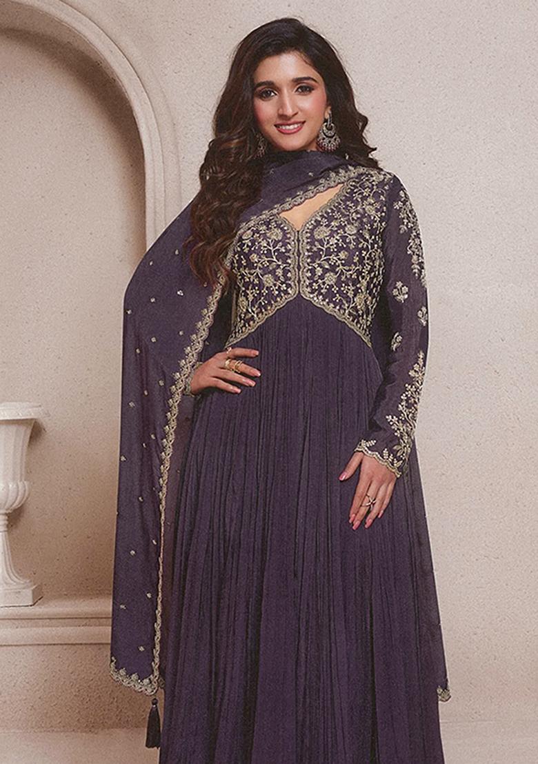 Slate Grey Embroidered Silk Anarkali Kurta Set