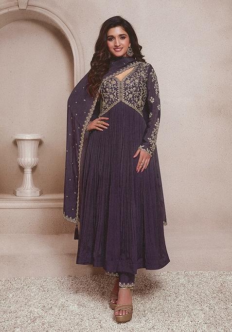 Slate Grey Embroidered Silk Anarkali Kurta Set