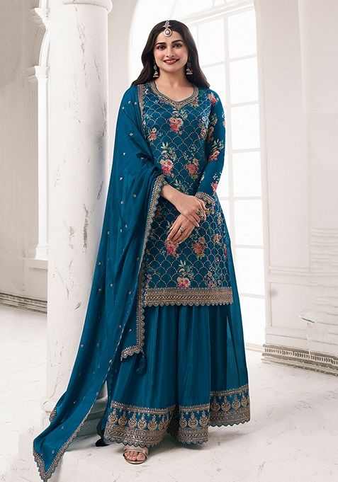 Dark Blue Embroidered Silk Kurta Set