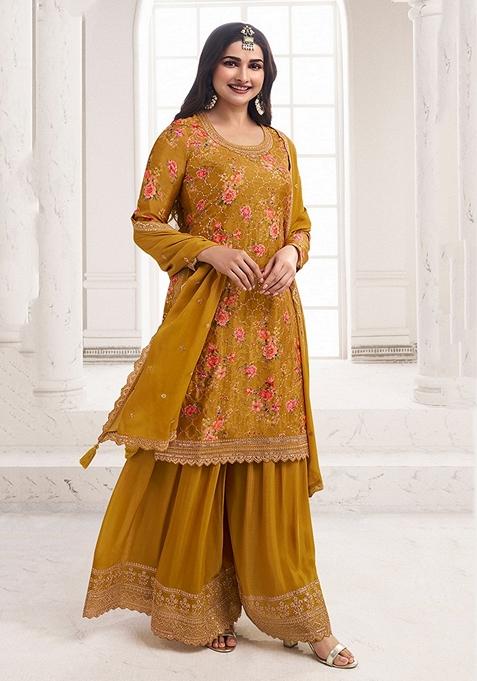 Mustard Embroidered Silk Kurta Set