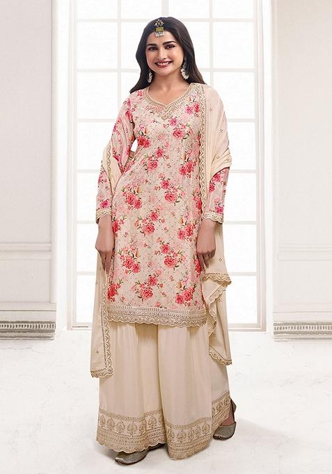 Cream Embroidered Silk Kurta Set