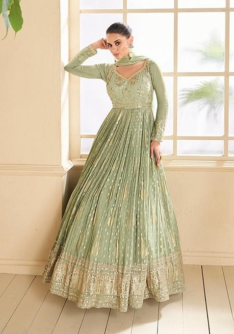 Light Olive Embroidered Viscose Anarkali Gown Set