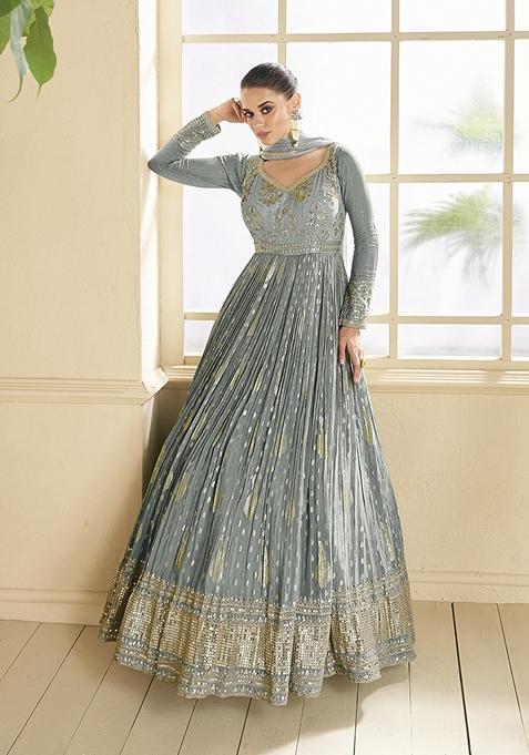 Grey Embroidered Viscose Anarkali Gown Set