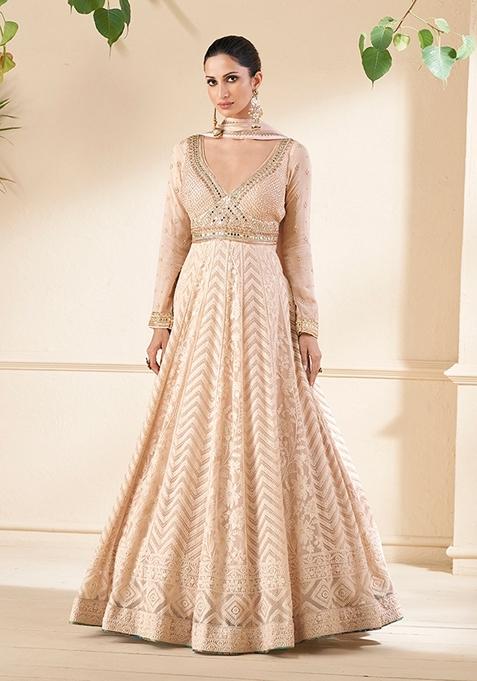 Beige Embroidered Faux Georgette Anarkali Gown Set