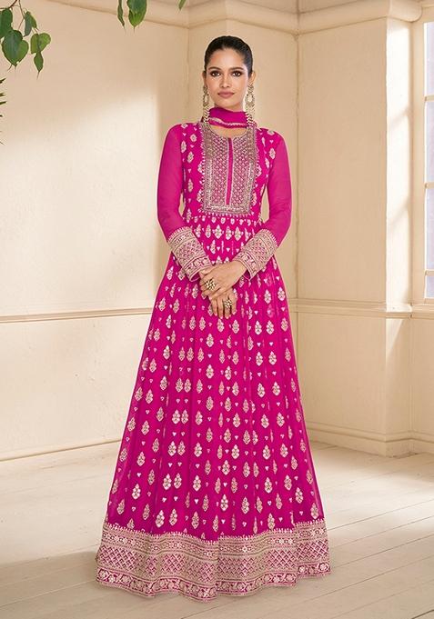 Hot Pink Embroidered Faux Georgette Anarkali Gown Set