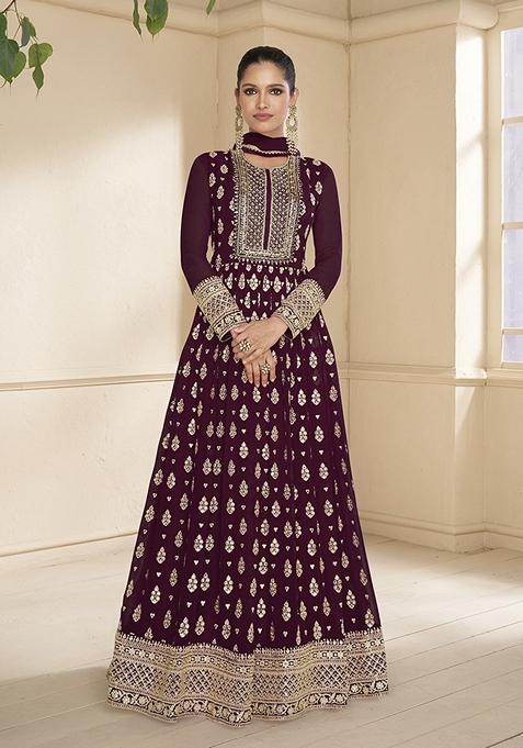 Chocolate Embroidered Faux Georgette Anarkali Gown Set