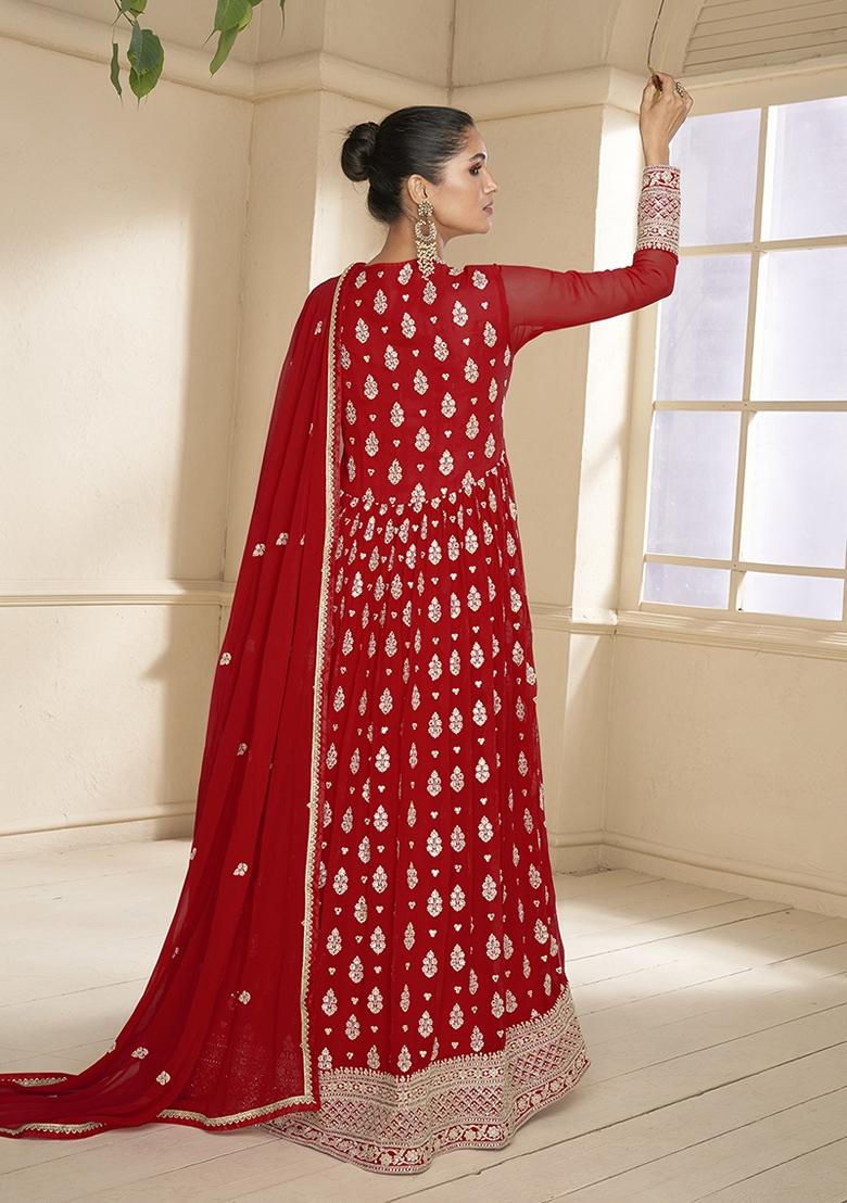 Red Embroidered Faux Georgette Anarkali Gown Set
