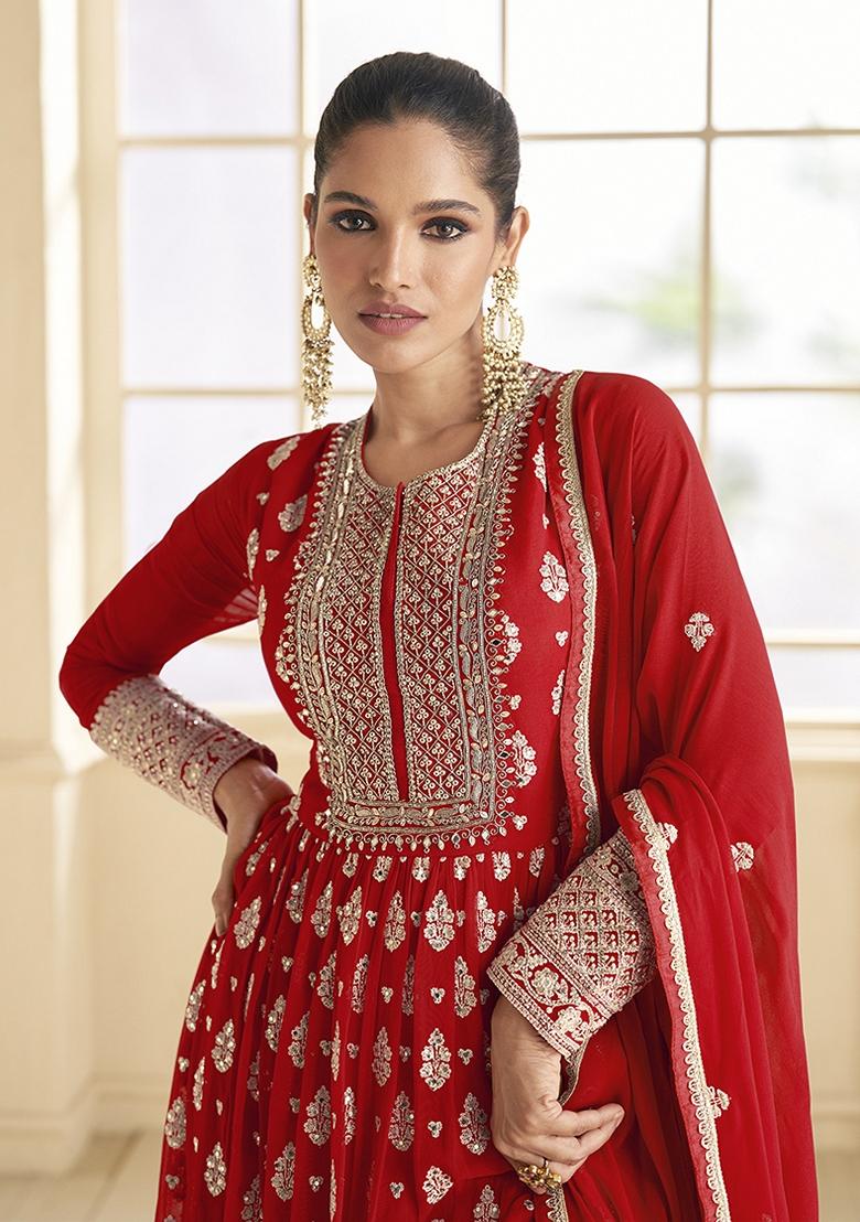 Red Embroidered Faux Georgette Anarkali Gown Set