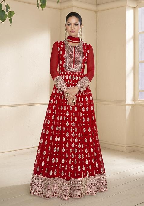 Red Embroidered Faux Georgette Anarkali Gown Set