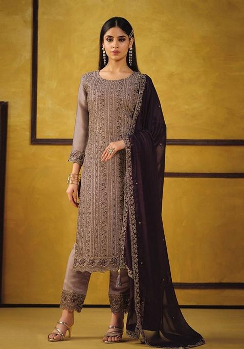 Brown Embroidered Silk Kurta Set