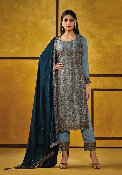 Teal Embroidered Silk Kurta Set