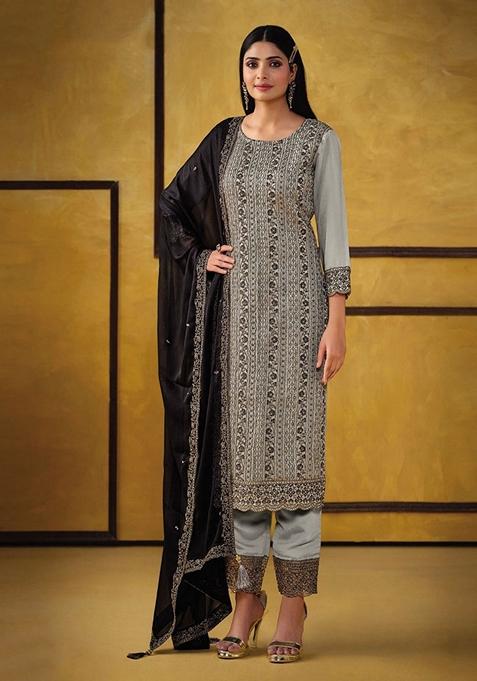 Light Grey Embroidered Silk Kurta Set