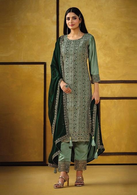 Olive Embroidered Silk Kurta Set