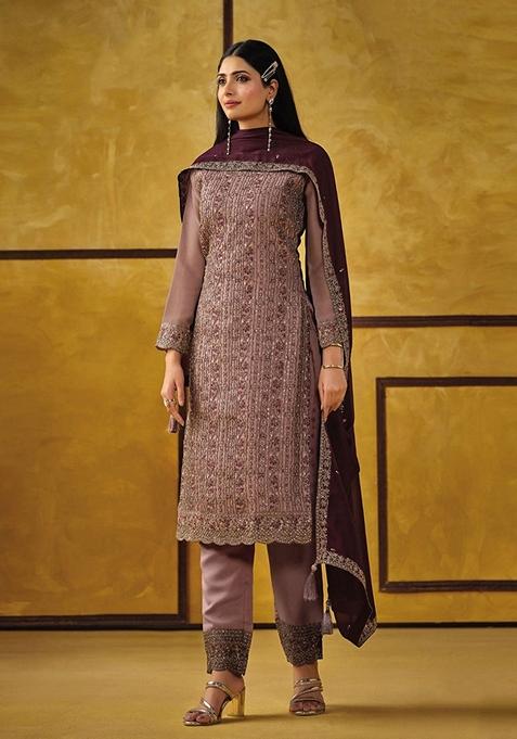 Chocolate Embroidered Silk Kurta Set