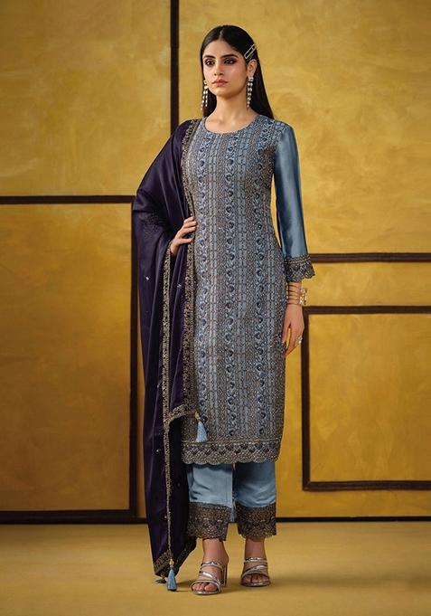 Dark Blue Embroidered Silk Kurta Set