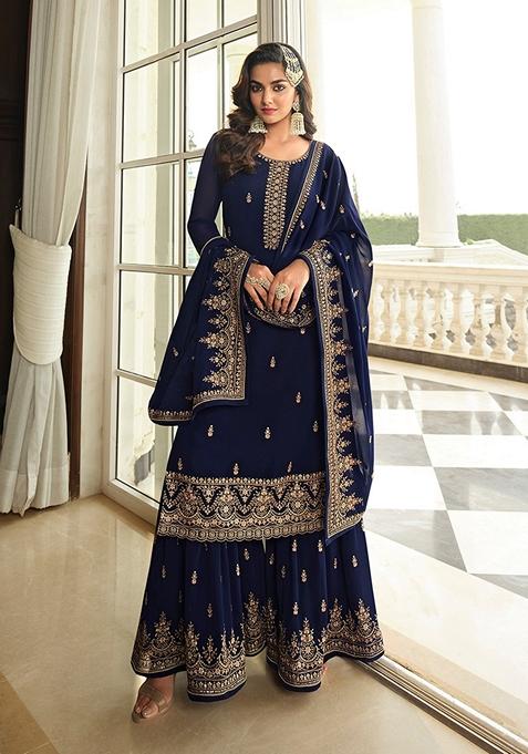 Navy Blue Embroidered Georgette Kurta Set