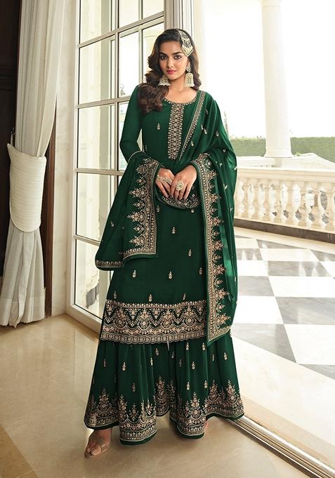 Dark Green Embroidered Georgette Kurta Set