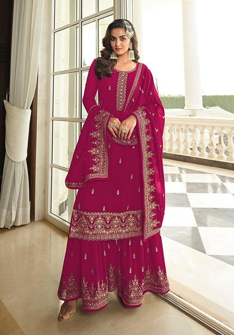 Dark Magenta Embroidered Georgette Kurta Set