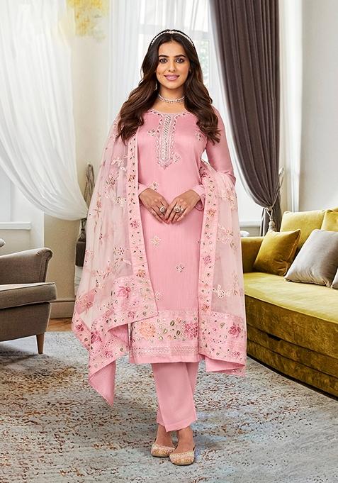 Light Pink Embroidered Silk Kurta Set