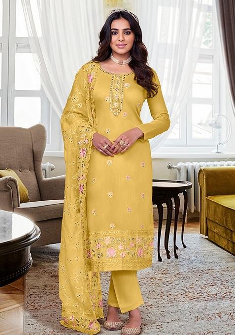 Yellow Embroidered Silk Kurta Set