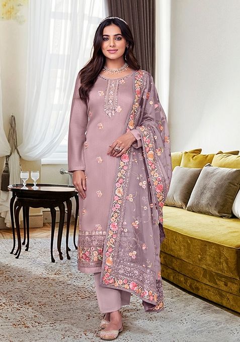 Mauve Embroidered Silk Kurta Set