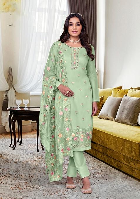 Light Green Embroidered Silk Kurta Set