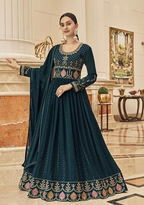 Dark Teal Blue Embroidered Georgette Kurta Set