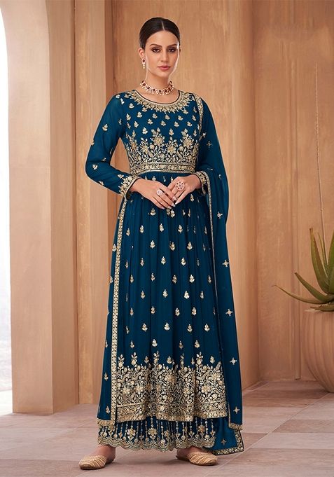 Dark Teal Blue Embroidered Georgette Kurta Set