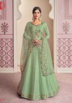 Light Green Embroidered Silk Anarkali Gown Set