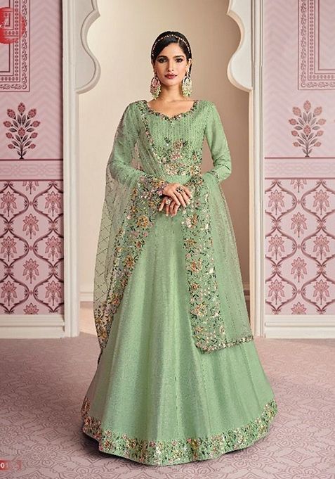 Light Green Embroidered Silk Anarkali Gown Set