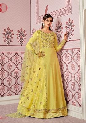 Light Yellow Embroidered Silk Anarkali Gown Set