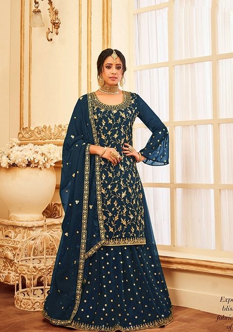 Dark Teal Blue Embroidered Faux Georgette Kurta Set