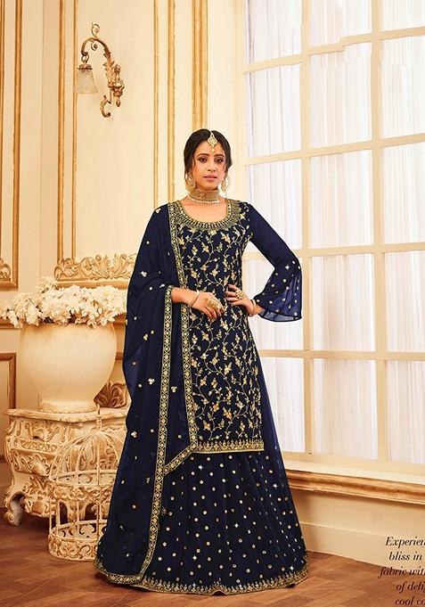 Navy Blue Embroidered Faux Georgette Kurta Set