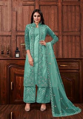 Sky Blue Embroidered Net Kurta Set