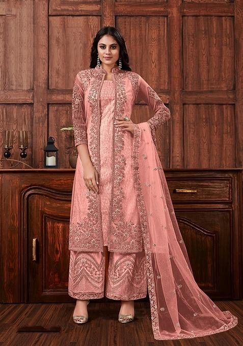 Peach Embroidered Net Kurta Set