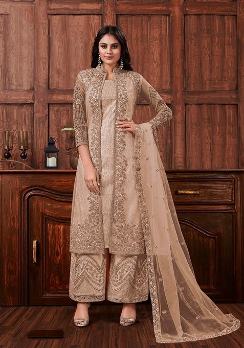 Beige Embroidered Net Kurta Set