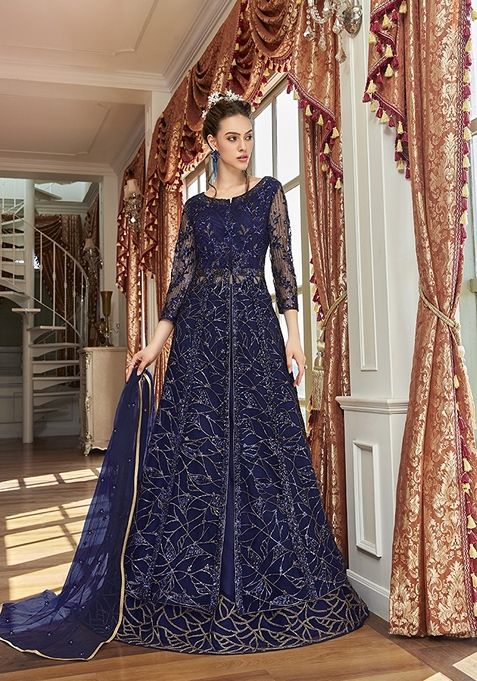 Navy Blue Embroidered Net Anarkali Gown Set