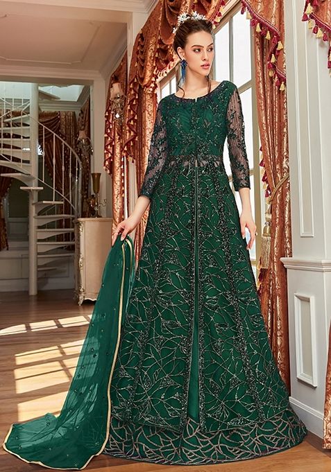 Dark Green Embroidered Net Anarkali Gown Set