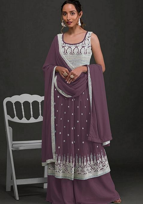 Purple Embroidered Faux Georgette Kurta Set