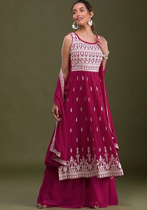 Rani Pink Embroidered Faux Georgette Kurta Set