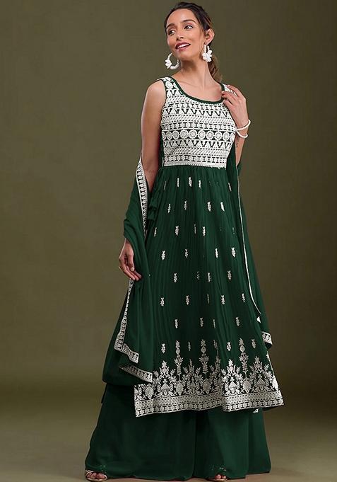 Green Embroidered Faux Georgette Kurta Set