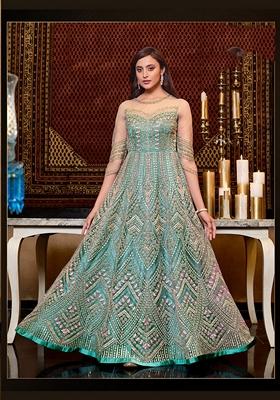 Light Blue Embroidered Net Kurta Set