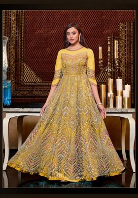Yellow Embroidered Net Kurta Set