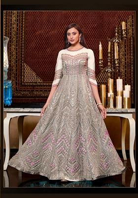 Off White Embroidered Net Kurta Set