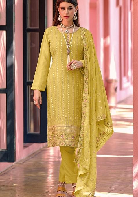 Yellow Embroidered Georgette Kurta Set